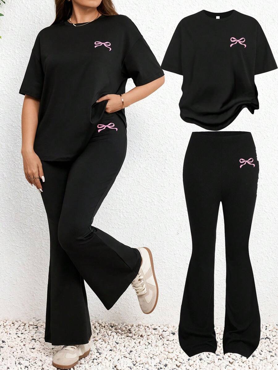 SHEIN LUNE 2 件/套大码女式两件套 - 蝴蝶结印花圆领落肩 T 恤和喇叭裤，休闲装 2 件套休闲套装女士舒适两件套曲线女士两件套日常穿着秋冬休闲女士简约街头服饰基本日常穿着外出运动舒适健身套装