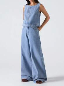 LYSMO Women's Casual Light Blue Denim Suit,Sleeveless Vest And Loose Pants Set,Summer Everyday Office Wear,Western Retro Y2K Streetwear,Festival Rave Outfit - Light Wash - View 6