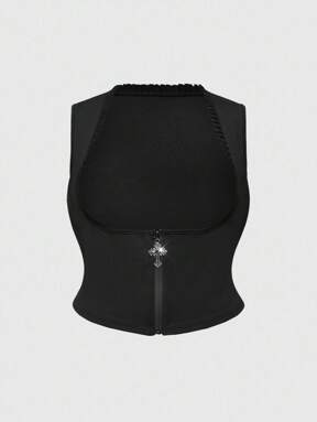 Goth Back To School Plus Size Women Gothic Cross Decor Lace Patchwork Vest, Can Be Paired With Shirts