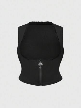 Damen Große Größen Gothic Kreuz Dekor Spitze Patchwork Weste, kann mit Hemden kombiniert werden, Halloween