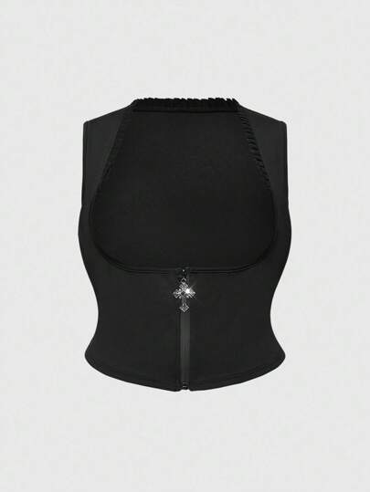 Plus Size Women Gothic Cross Decor Lace Patchwork Vest, Can Be Paired With Shirts, Halloween