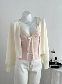 Elamini Women's Casual Lace Patchwork Knit Camisole, Autumn/Winter - Pink - View 7