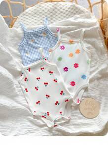 3pcs/Set Newborn Baby Girl Cute Knitted Plaid & Floral Pattern Strap Bodysuit For Summer Print - Multicolor - View 6