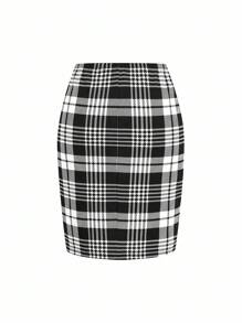 Ellevyn 2 件女士优雅格子印花长袖双排扣夹克和中长裙套装，秋季女装校服教师服办公室服装 - 黑與白 - 查看 5