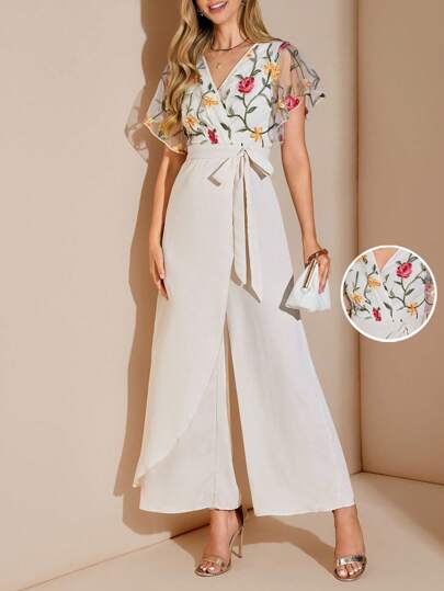 Amorya 女式花卉刺绣拼布雪纺蝴蝶袖裹腰阔腿连体裤