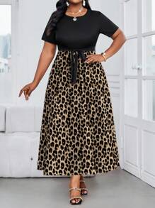 SHEIN Lady Abiti eleganti da ufficio casual boho per primavera ed estate, in maglia con stampa leopardata, collo rotondo, maniche corte a campana, con cintura, midi, taglie comode, abiti estivi da donna, outfit estivi da donna - Multicolore - Visualizzare 4