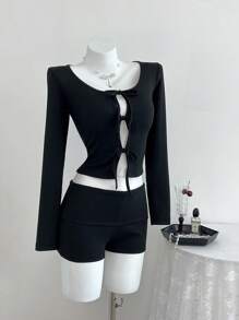SHEIN Unity 2 piezas Conjunto de otoño para mujer, Cardigan con lazo en las mangas largas - Negro - Ver 6