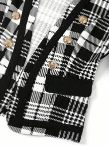 Ellevyn 2 件女士优雅格子印花长袖双排扣夹克和中长裙套装，秋季女装校服教师服办公室服装 - 黑與白 - 查看 7