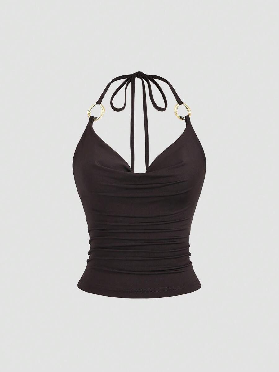 Sweetra 全新 Y2K 金属环装饰通勤百搭垂坠领带女式背心 - 咖啡棕 - 查看 1