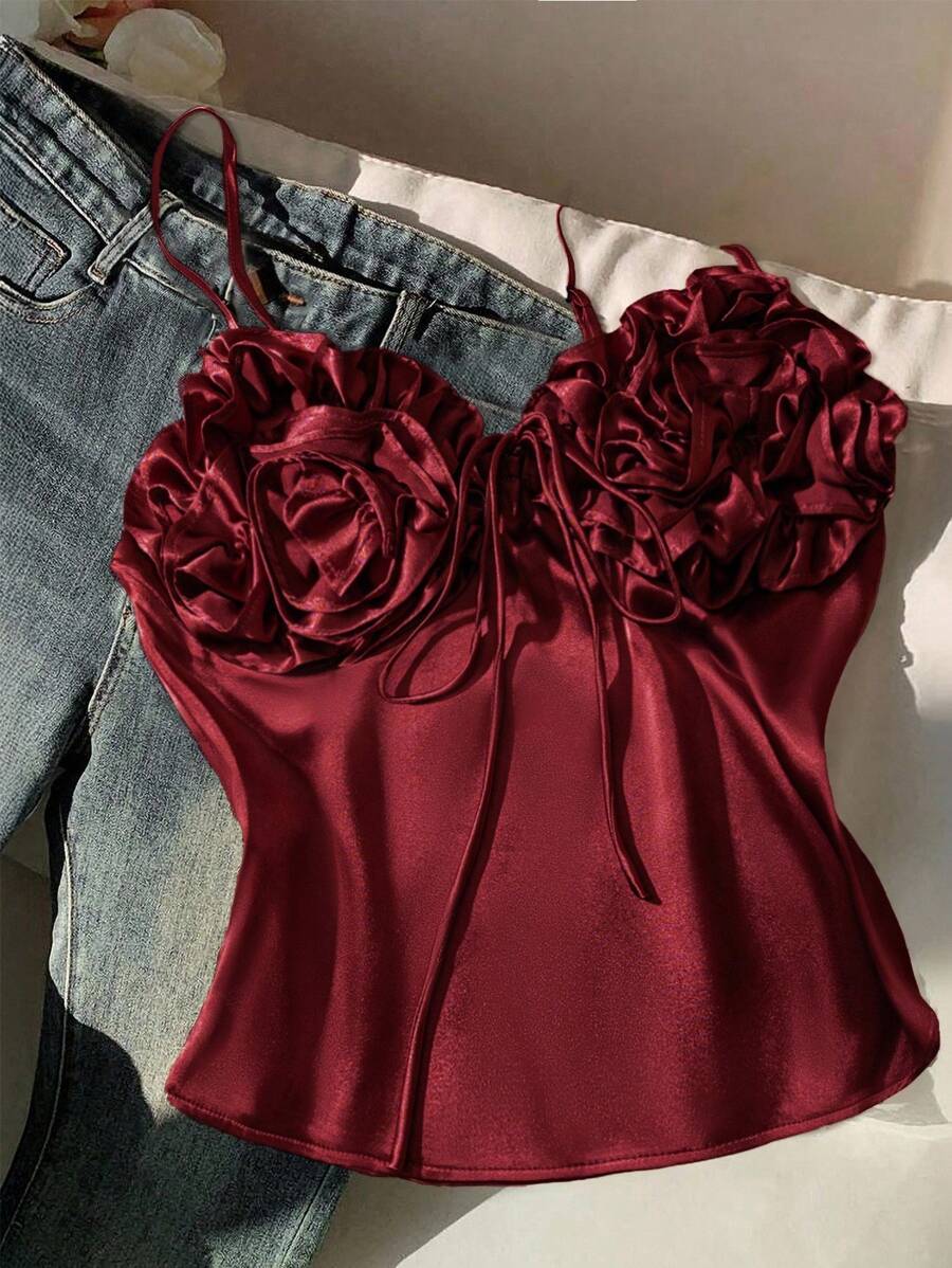 INAWLY Áo hai dây cổ chữ V bằng vải satin trơn màu mùa hè có họa tiết nơ hoa xếp nếp cho nữ - Màu Đỏ Sâu - Xem 1