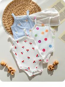 3pcs/Set Newborn Baby Girl Cute Knitted Plaid & Floral Pattern Strap Bodysuit For Summer Print - Multicolor - View 1