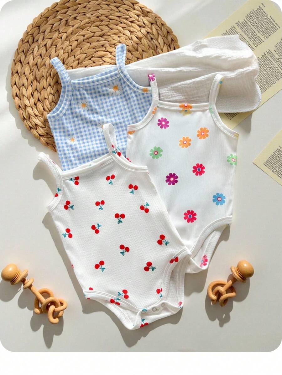 3pcs/Set Newborn Baby Girl Cute Knitted Plaid & Floral Pattern Strap Bodysuit For Summer Print - Multicolor - View 1