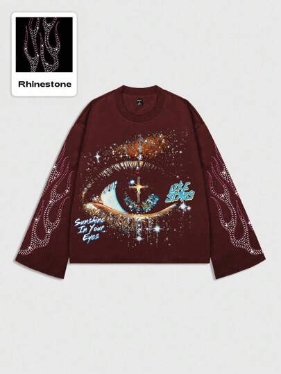 Grunge Punk Men's Sparkling Eye Print Long Sleeve T-Shirt, Loose Cropped Fit, 2000s Style