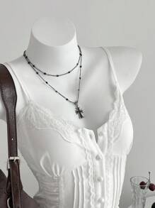 Elamini Áo hai dây ngắn tay ôm vừa vặn, thường ngày, đa năng, phối ren ngọt ngào - trắng - Xem 3