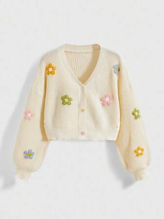 Damen süßer Strickjacke mit Blumenstickerei