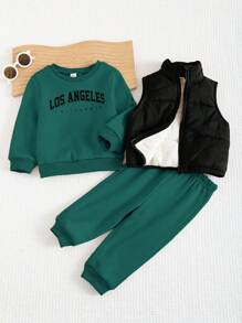 Cozy Pixies Bộ 3 áo hoodie cổ tròn tay dài in chữ mềm mại lót nhiệt cho bé trai, quần rút dây và áo ba lỗ không tay mùa thu đông - Màu xanh lá cây đậm - Xem 7