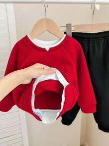 SHEIN 2 件套男婴/女婴休闲可爱图案落肩宽松圆领针织衫和松紧腰针织裤两件套服装，适合秋冬穿着 - 彩色 - 查看 5