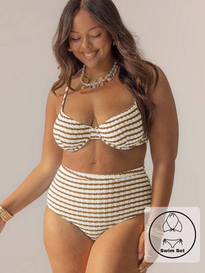 Aralina Conjunto de bikini con aros y cintura alta a rayas, con bolsa de natación, perfecto para vacaciones y 4 de julio, ideal para atuendos de verano y días de playa