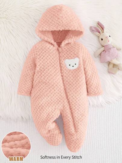 Cozy Pixies Pelele con capucha de oso de dibujos animados de manga larga gruesa y pantalones para recién nacido niña