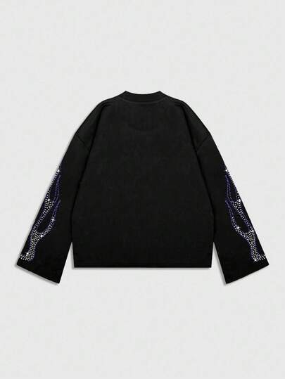 Street Life t-shirt à manches longues pour hommes avec imprimé diamant scintillant, coupe ample et courte