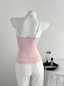 Elamini Women's Casual Lace Patchwork Knit Camisole, Autumn/Winter - Pink - View 2