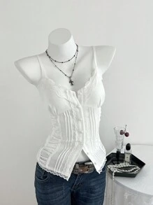 Elamini Áo hai dây ngắn tay ôm vừa vặn, thường ngày, đa năng, phối ren ngọt ngào - trắng - Xem 7