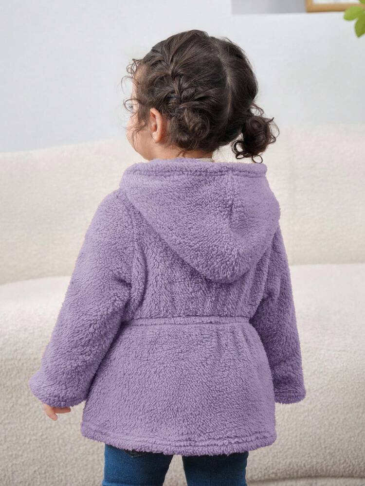 SHEIN Unisex Baby/Toddler Fluffy Hooded Long Sleeve Jacket, Suitable For Outdoor, Party, And Play, Autumn/Winter Fall - Mauve Purple - View 2