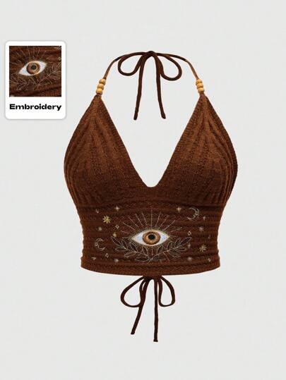 Pull tricoté pour femmes grande taille de style hippie vacances avec broderie lune et étoile bleu-vert