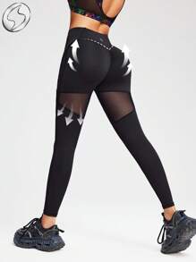 Innovista Women's Stylish Glittery Shiny Sports Bra & Cut-Out Leggings Set,High-Stretch Metallic Animal Shimmer Training Tops,Cross Back Activewear Outfit - Black - View 2