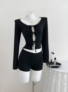 SHEIN Unity 2 piezas Conjunto de otoño para mujer, Cardigan con lazo en las mangas largas - Negro - Ver 1