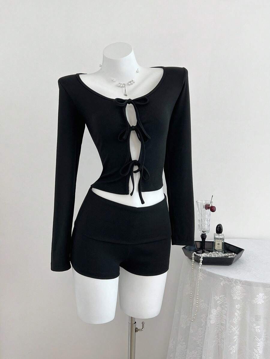 SHEIN Unity 2 piezas Conjunto de otoño para mujer, Cardigan con lazo en las mangas largas - Negro - Ver 1