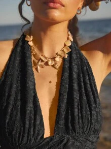 Aralina 女式露背褶饰花卉蕾丝优雅度假装迷你连衣裙 - 黑色 - 查看 4