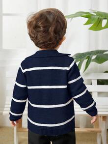 SHEIN 男婴休闲学院风可爱时尚百搭卡其白条纹领开衫毛衣外套，适合秋冬季节穿着。男婴条纹开衫，男婴拉链毛衣，儿童开衫，男婴毛衣，男婴秋季开衫 - 彩色 - 查看 2