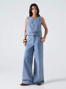 LYSMO Women's Casual Light Blue Denim Suit,Sleeveless Vest And Loose Pants Set,Summer Everyday Office Wear,Western Retro Y2K Streetwear,Festival Rave Outfit - Light Wash - View 5