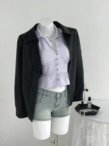 Flirla Parte superior con cuello de halter, botones y volantes a rayas para volver al colegio - Púrpura malva - Ver 3