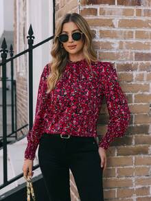 EMERY ROSE 全身花卉印花荷叶边领灯笼袖衬衫，适合新年衣服，长袖上衣 - 紅色 - 查看 6