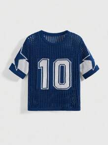 ROMWE Street Life Loose Fit Hollow-Out Short Numeric Jersey Knit Sweater Knit Pullover Fall Winter