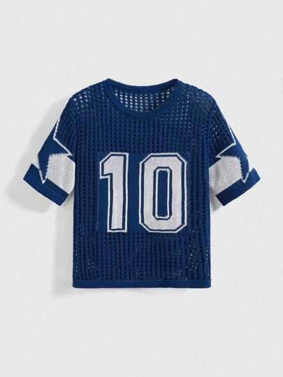 ROMWE Street Life Loose Fit Hollow-Out Short Numeric Jersey Knit Sweater Knit Pullover Fall Winter