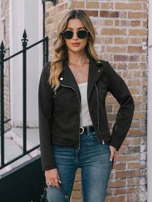 EMERY ROSE Chaqueta informal de motociclista con cierre de cremallera y solapa, hecha de tela texturizada para mujer - Negro - Ver 3