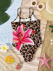Emery Rose Kids Emery Rose Kids 年轻女孩豹纹、芙蓉花、鸡蛋花、海滩度假、休闲简约连体泳衣，适合夏季海滩、年轻女孩泳装、度假浪漫、度假氛围 - 彩色 - 查看 4