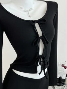 SHEIN Unity 2 piezas Conjunto de otoño para mujer, Cardigan con lazo en las mangas largas - Negro - Ver 5