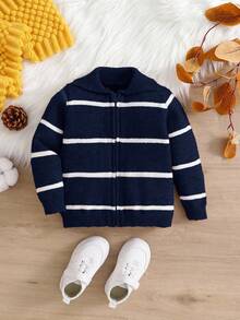 SHEIN 男婴休闲学院风可爱时尚百搭卡其白条纹领开衫毛衣外套，适合秋冬季节穿着。男婴条纹开衫，男婴拉链毛衣，儿童开衫，男婴毛衣，男婴秋季开衫 - 彩色 - 查看 7