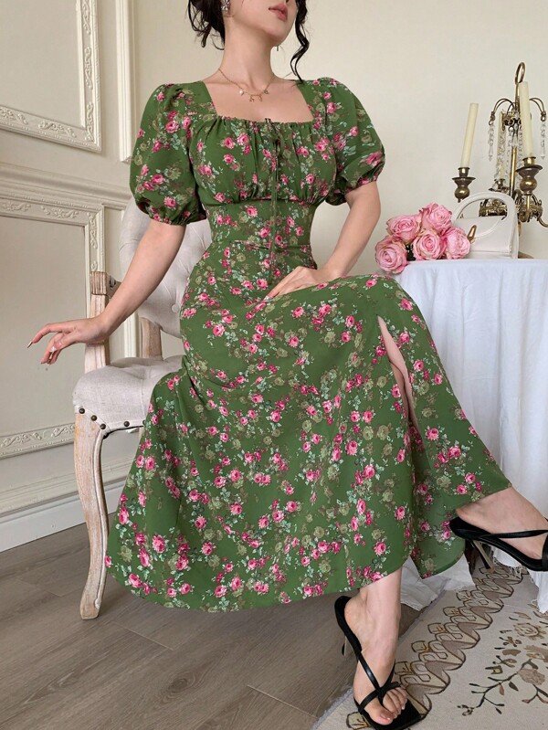 Modelyn Elegant Floral Puff Sleeve Dress, Summer