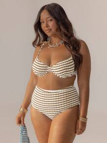 Aralina 曲线可爱条纹钢圈高腰比基尼套装，带游泳包，适合度假和 7 月 4 日，是夏季服装和海滩日的完美选择 - 巧克力棕 - 查看 8