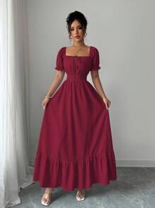 Selianne Đầm casual kẻ sọc thanh lịch mới mùa xuân/hè, kiểu dáng xếp ly eo, cổ tròn, dây buộc vai, tay phồng, viền bèo, thoải mái cho công sở và kỳ nghỉ. - Màu Đỏ Sâu - Xem 3
