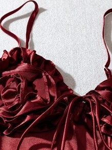 INAWLY Áo hai dây cổ chữ V bằng vải satin trơn màu mùa hè có họa tiết nơ hoa xếp nếp cho nữ - Màu Đỏ Sâu - Xem 4