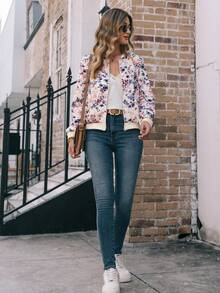 EMERY ROSE 女士花卉印花拉链夹克 - 杏色 - 查看 5