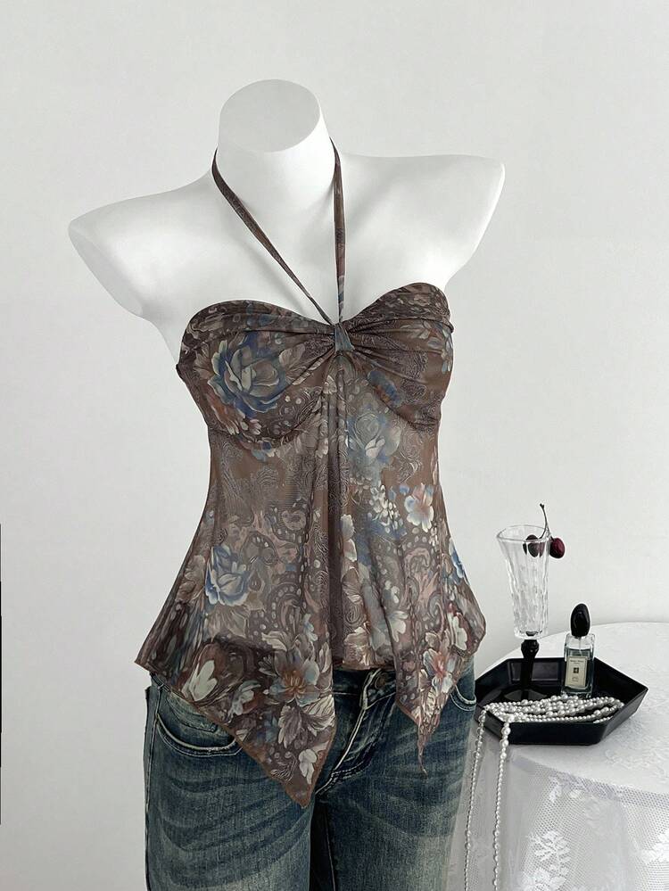 SHEIN Unity 女式休闲时尚佩斯利网眼复古印花细肩带蝴蝶结露背吊带背心，秋季 - 彩色 - 查看 1