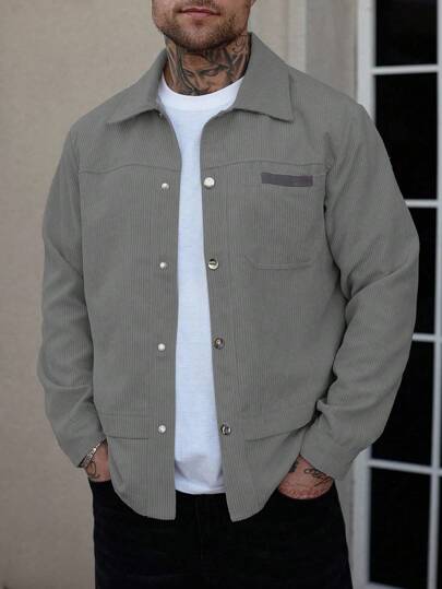 Manfinity CasualCool 户外休闲街头风时尚百搭男士长袖灯芯绒夹克 灰色，秋冬季
