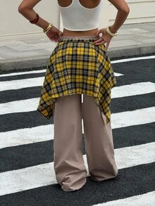 SHEIN EZwear 女式格子纯色拼接街头风格裤子 - 卡其色 - 查看 2